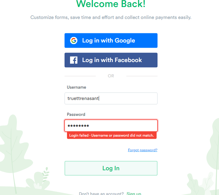 Login failed username or password didn't match error.